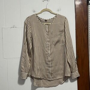 Dana Buchman Tan White Striped Long Sleeve Satin Blouse Top Size 10